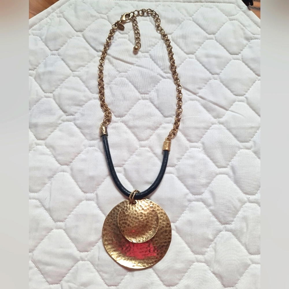 Costume Statement Necklace 21" Hammered Gold Discs w Leather Chico's